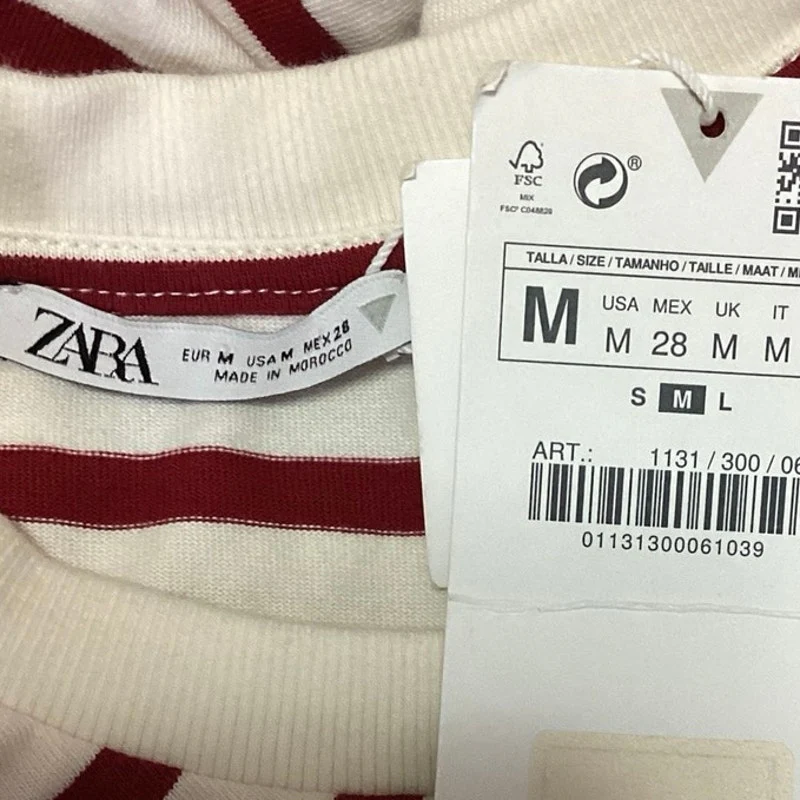 Zara NWT White Red Striped Crew Neck Long Sleeve Garterized Crop Pullover Top M - Image 3