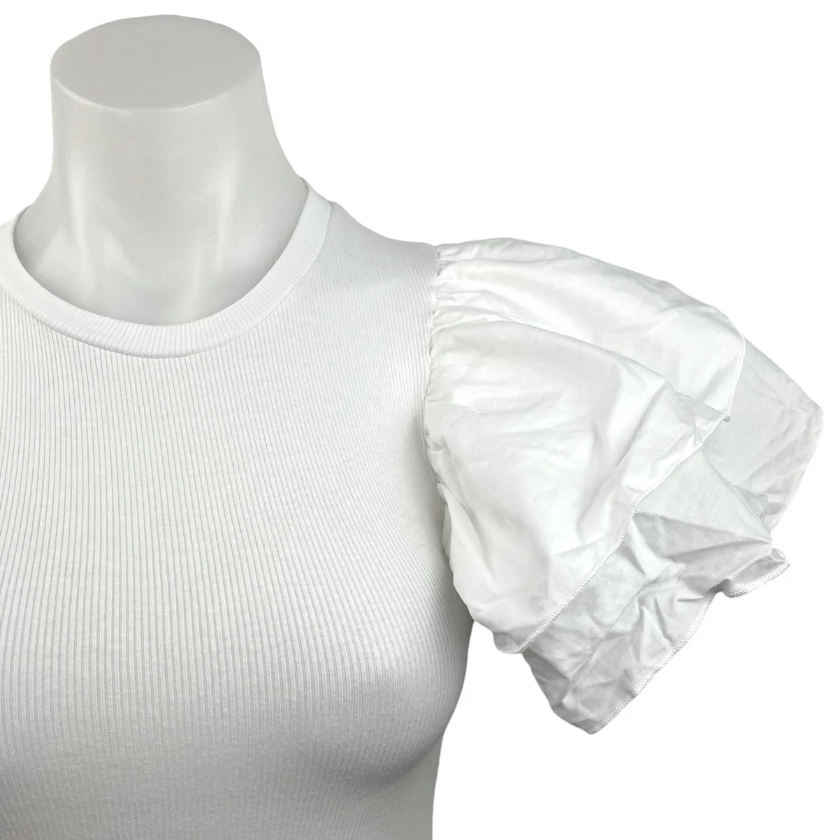 Zara NWT White Ribbed Knit Ruffle Sleeve Crew Neck Bodysuit Blouse Top Size S - Image 4