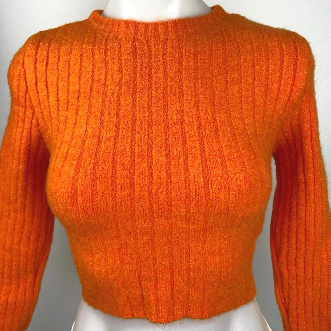 Zara Orange Ribbed Knit 3/4 Sleeve Mock Neck Pullover Cropped Sweater Top Size S - Image 2