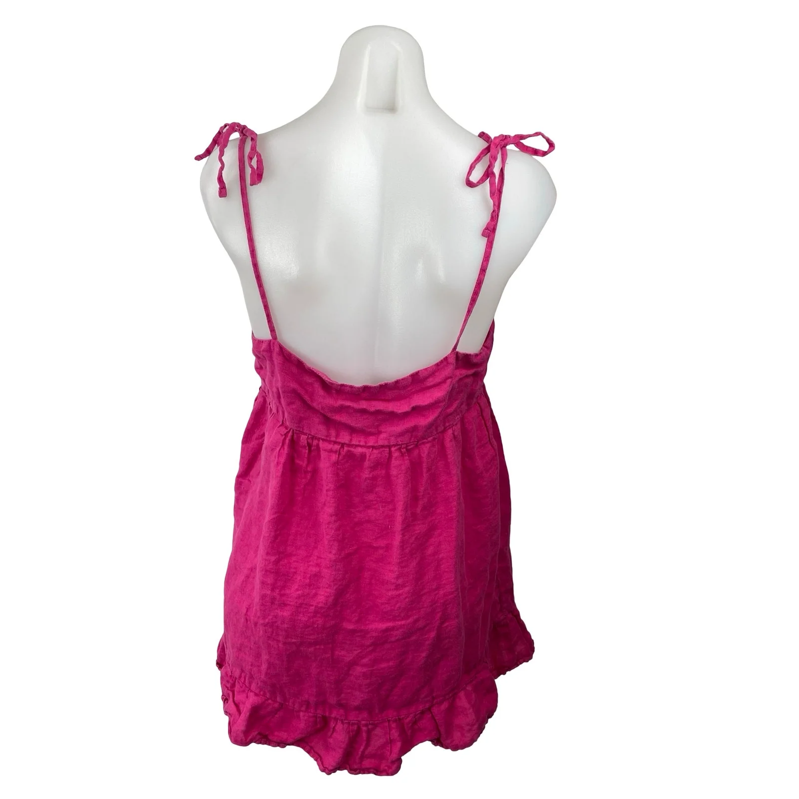Zara Pink 100% Linen Tie Cami Strap Backless Babydoll Ruffle Mini Dress Size M - Image 4