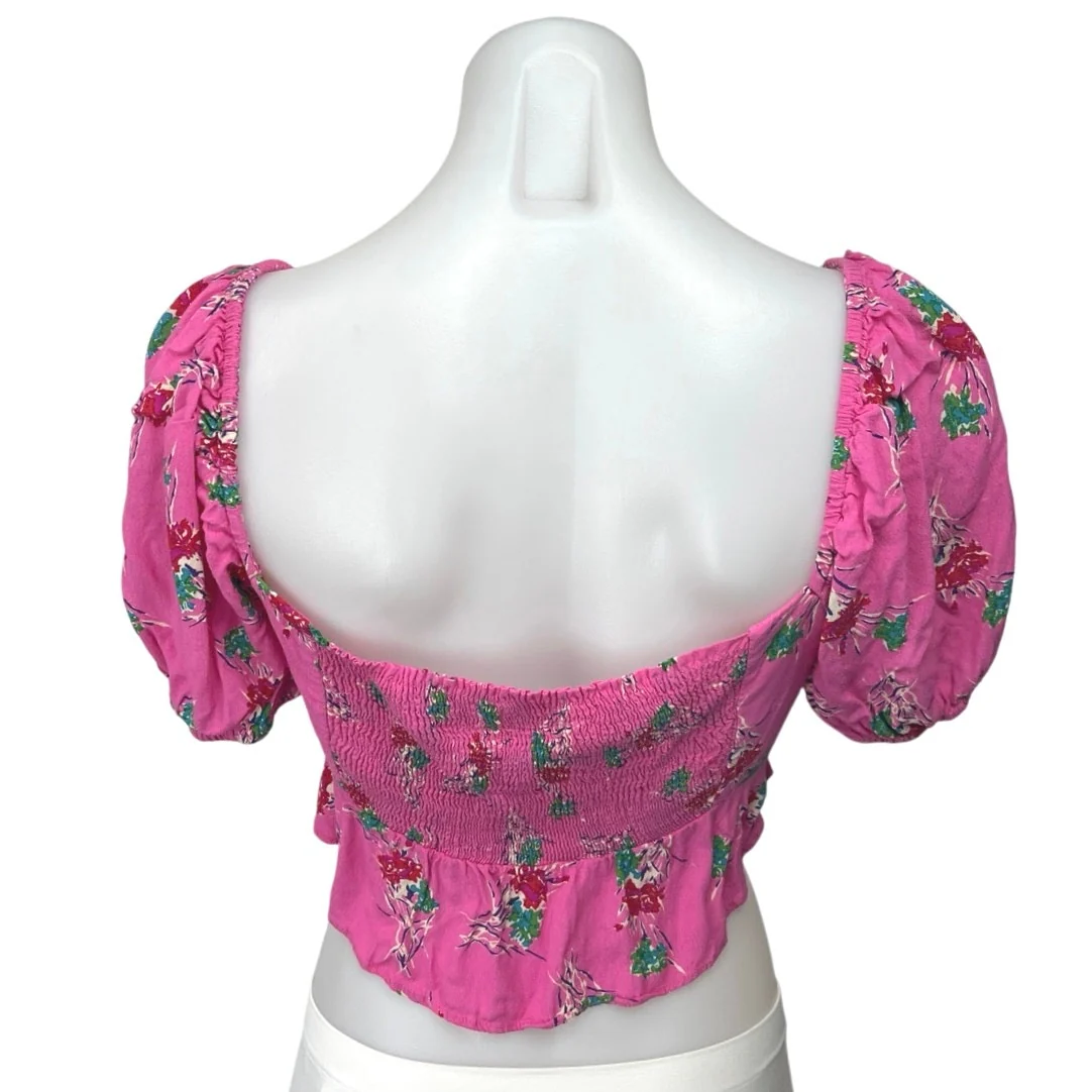 Zara Pink Floral Sweetheart Neck Short Puff Sleeve Smocked Blouse Crop Top Sz M - Image 2