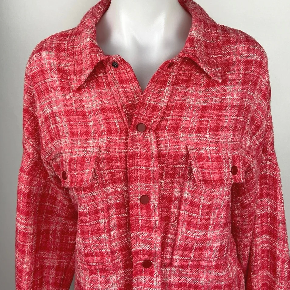 Zara Pink Plaid Tweed Button Front Long Sleeve Pockets Oversized Shirt Jacket L - Image 3
