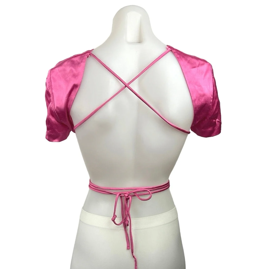 Zara Pink Satin Round Neck Lace-up Back Short Sleeve Crop Top Blouse Shirt Sz S - Image 2
