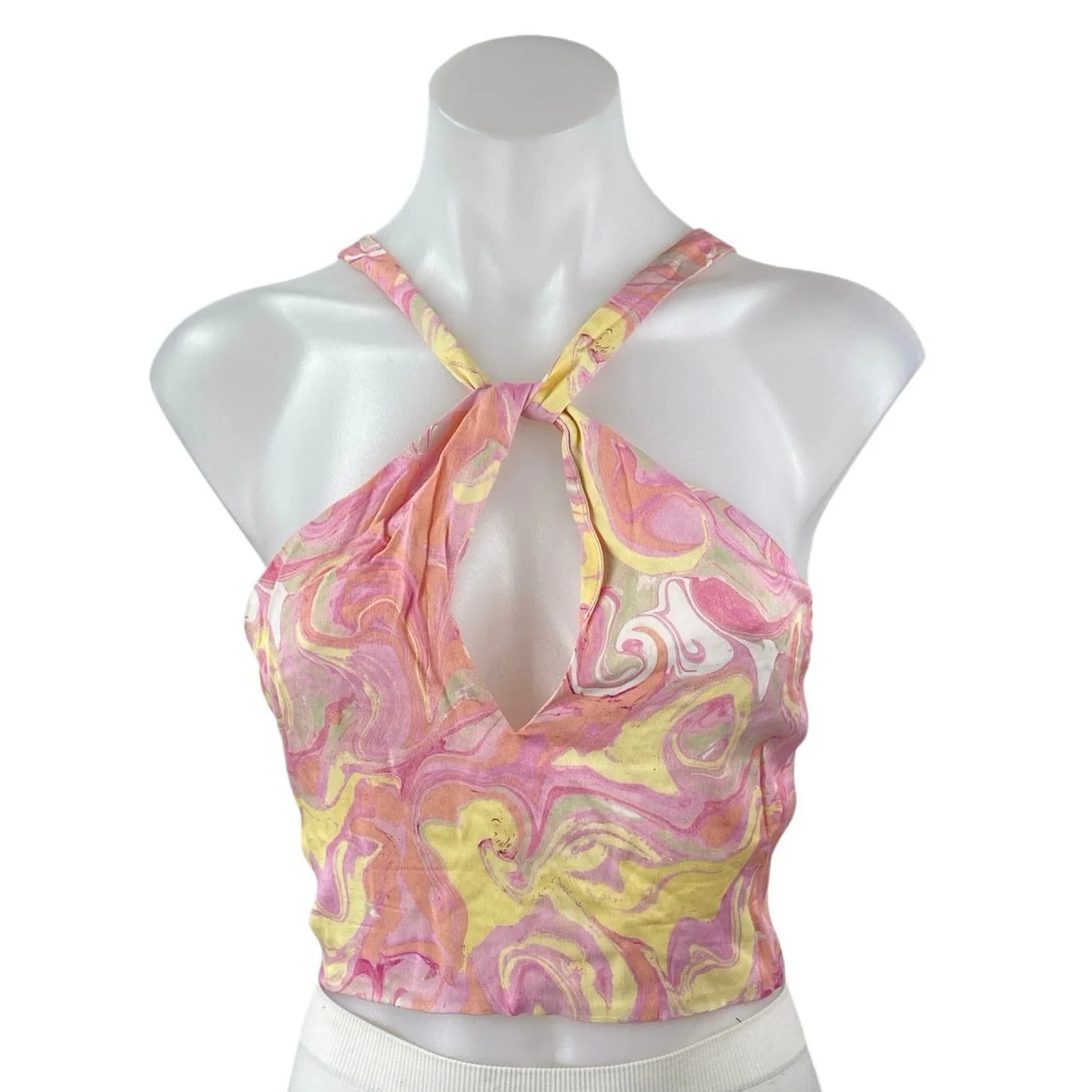 Zara Pink Yellow Silk Satin Marble Tie Dye Open Tie Back Brami Tank Crop Top L