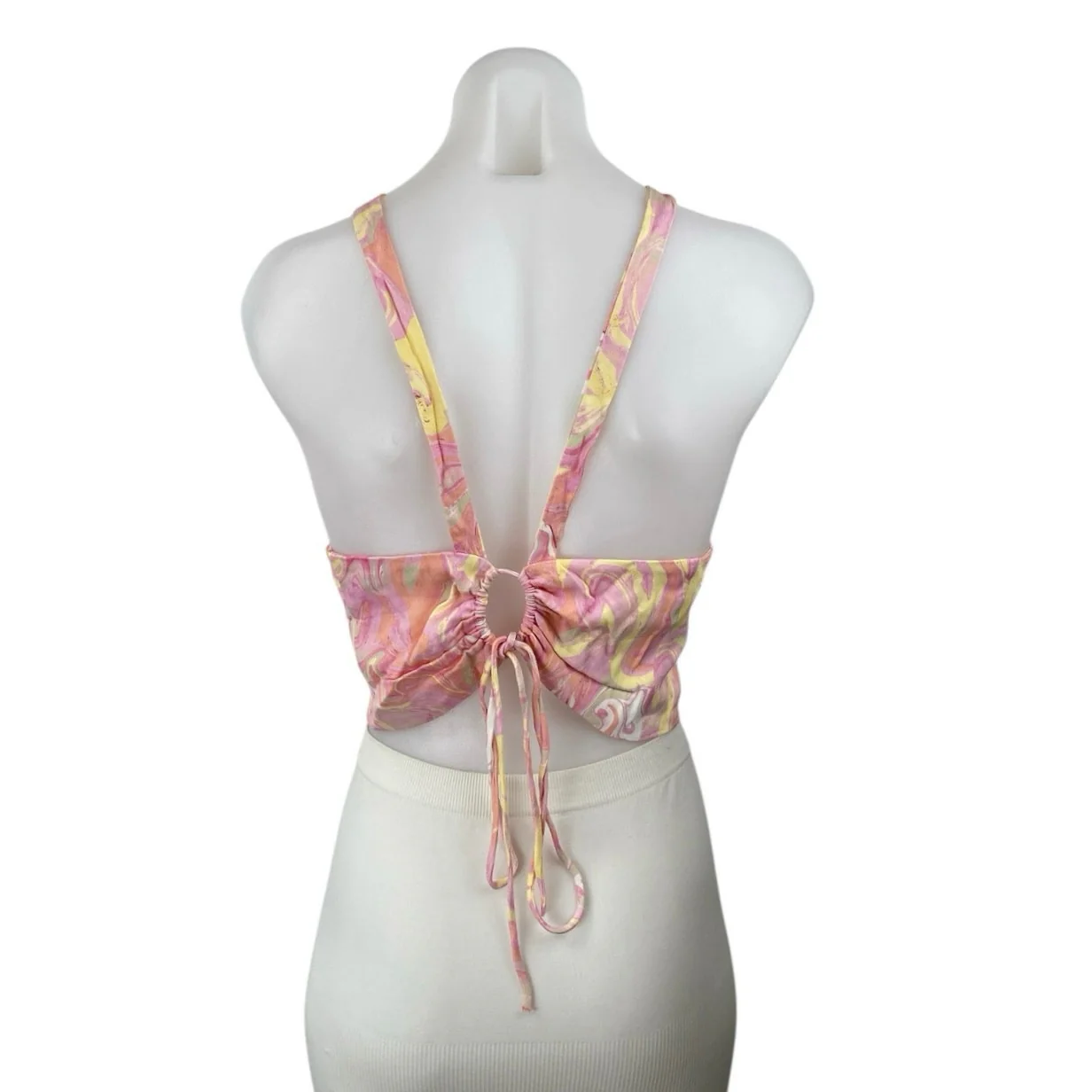 Zara Pink Yellow Silk Satin Marble Tie Dye Open Tie Back Brami Tank Crop Top L - Image 2