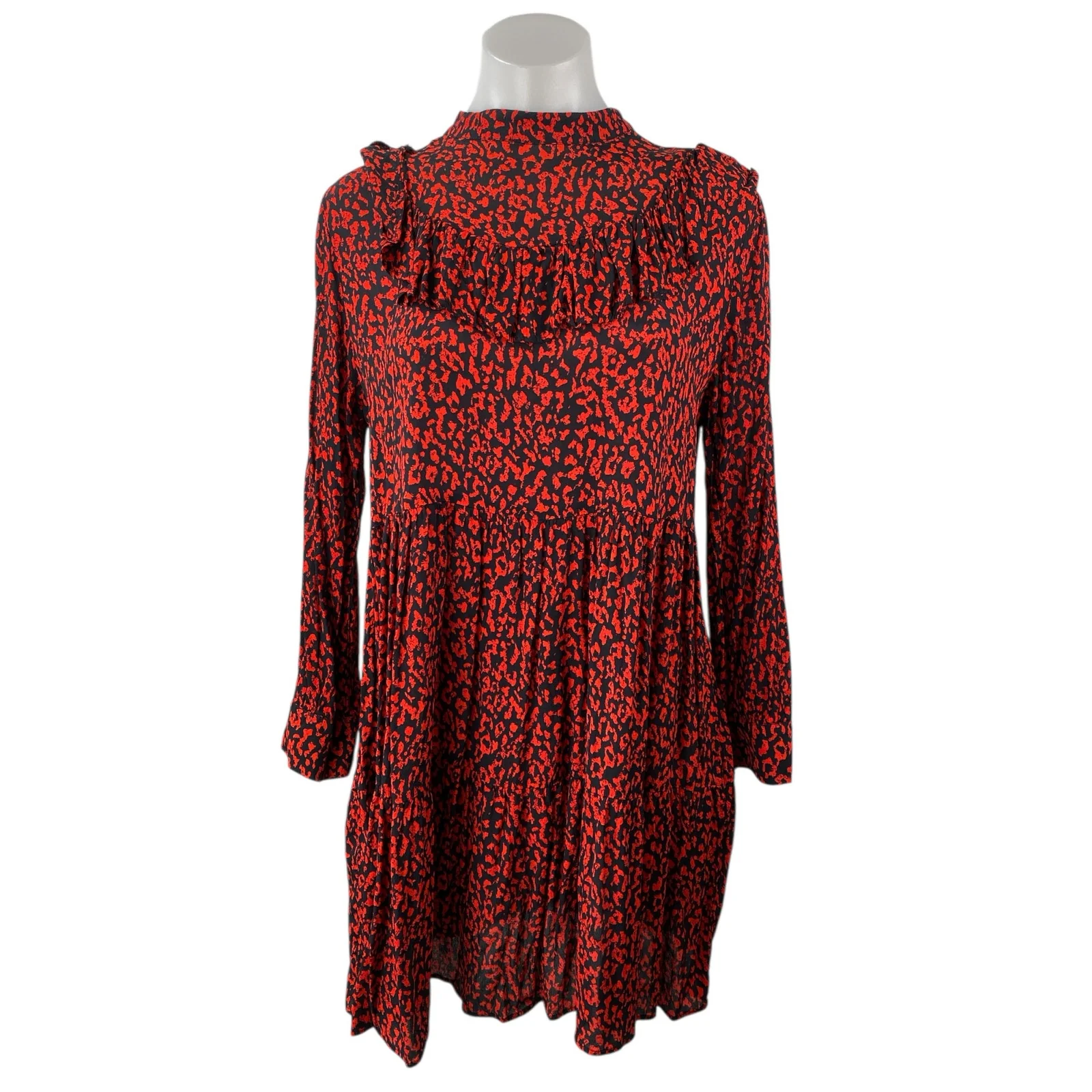 ZARA Red Black Leopard Print Ruffle Mock Neck Long Sleeves Mini A-Line Dress S
