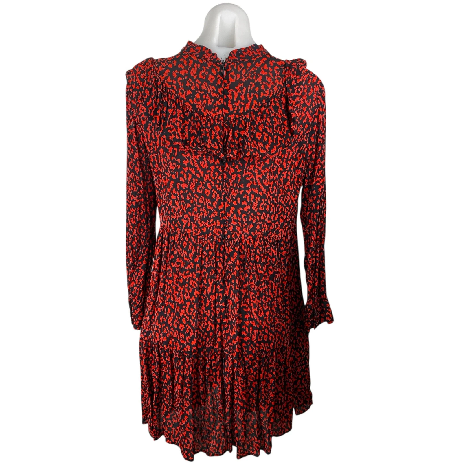 ZARA Red Black Leopard Print Ruffle Mock Neck Long Sleeves Mini A-Line Dress S - Image 2