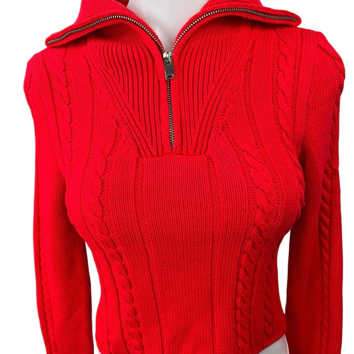 Zara Red Cable Knit 1/4 Zip High Neck Collared Long Sleeve Crop Sweater Top Sz S - Image 3
