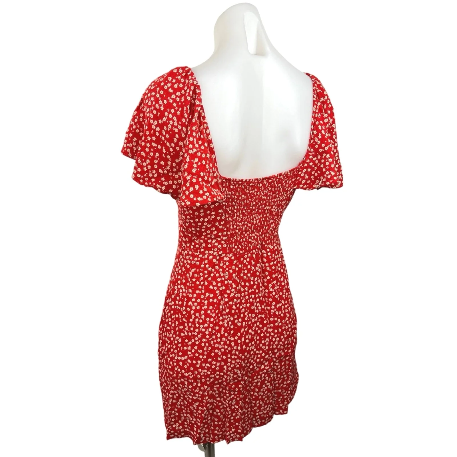 Zara Red Floral Sweetheart Neck Flutter Sleeve Bow Smocked Back Mini Dress Sz S - Image 2
