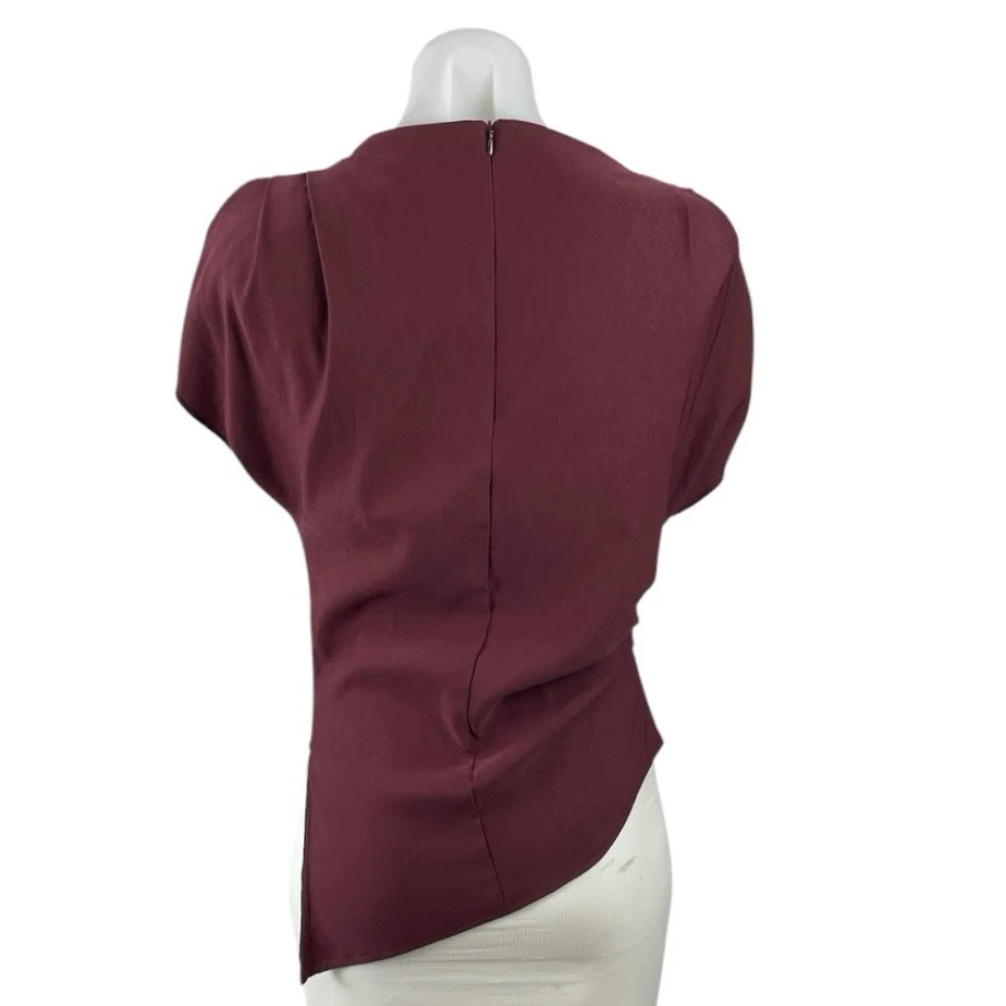 Zara Red Maroon Short Puff Sleeve Asymmetric Drape Mock Neck Blouse Top Size S - Image 2