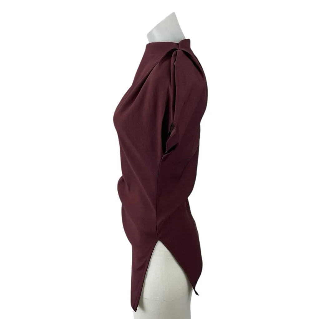 Zara Red Maroon Short Puff Sleeve Asymmetric Drape Mock Neck Blouse Top Size S - Image 3
