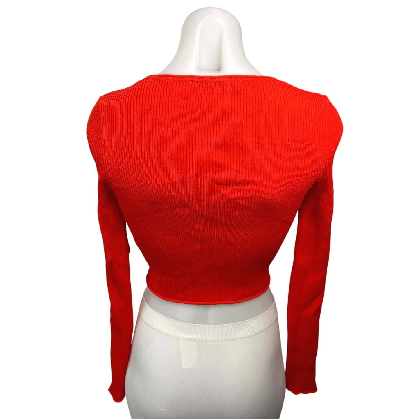Zara Red Ribbed One Button Long Sleeve Stretch Knit Cardigan Sweater Crop Top S - Image 2
