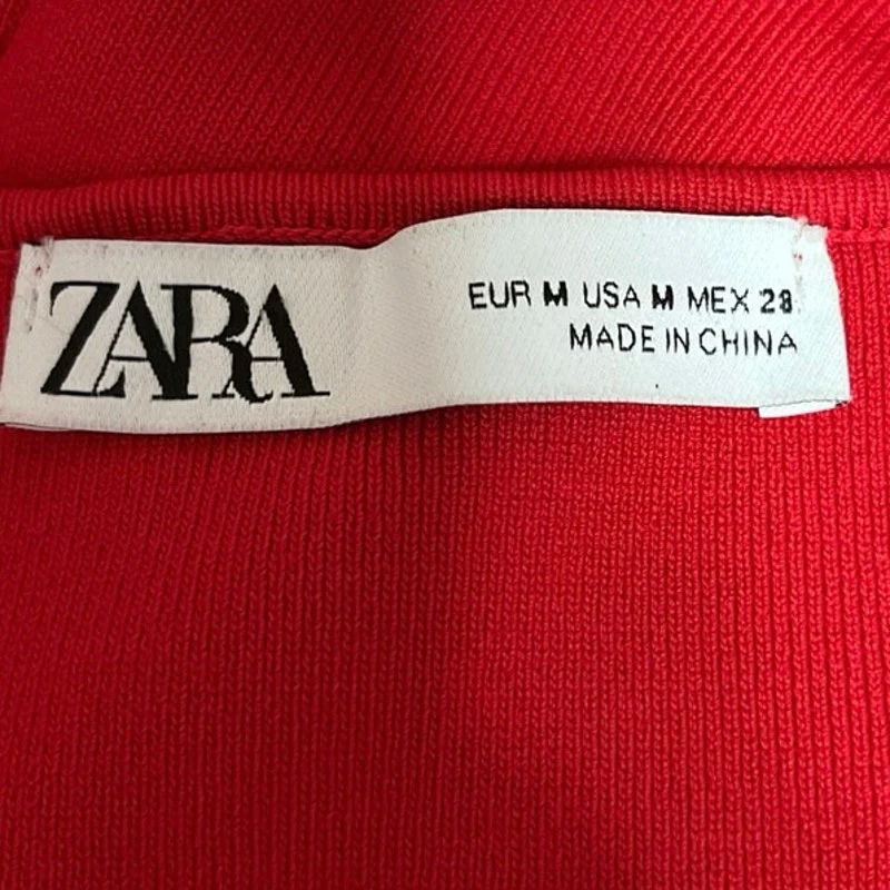 Zara Red Sleeveless V-Neck Cross Back Strap Midi Stretch Knit Bodycon Dress Sz M - Image 3
