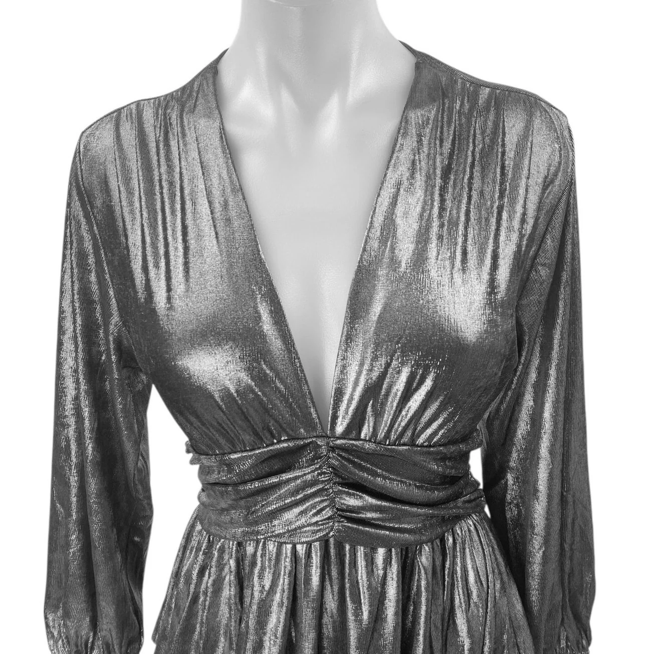 Zara Silver Metallic Long Sleeve Deep V-Neck Pleated Fit & Flare Mini Dress XS - Image 3