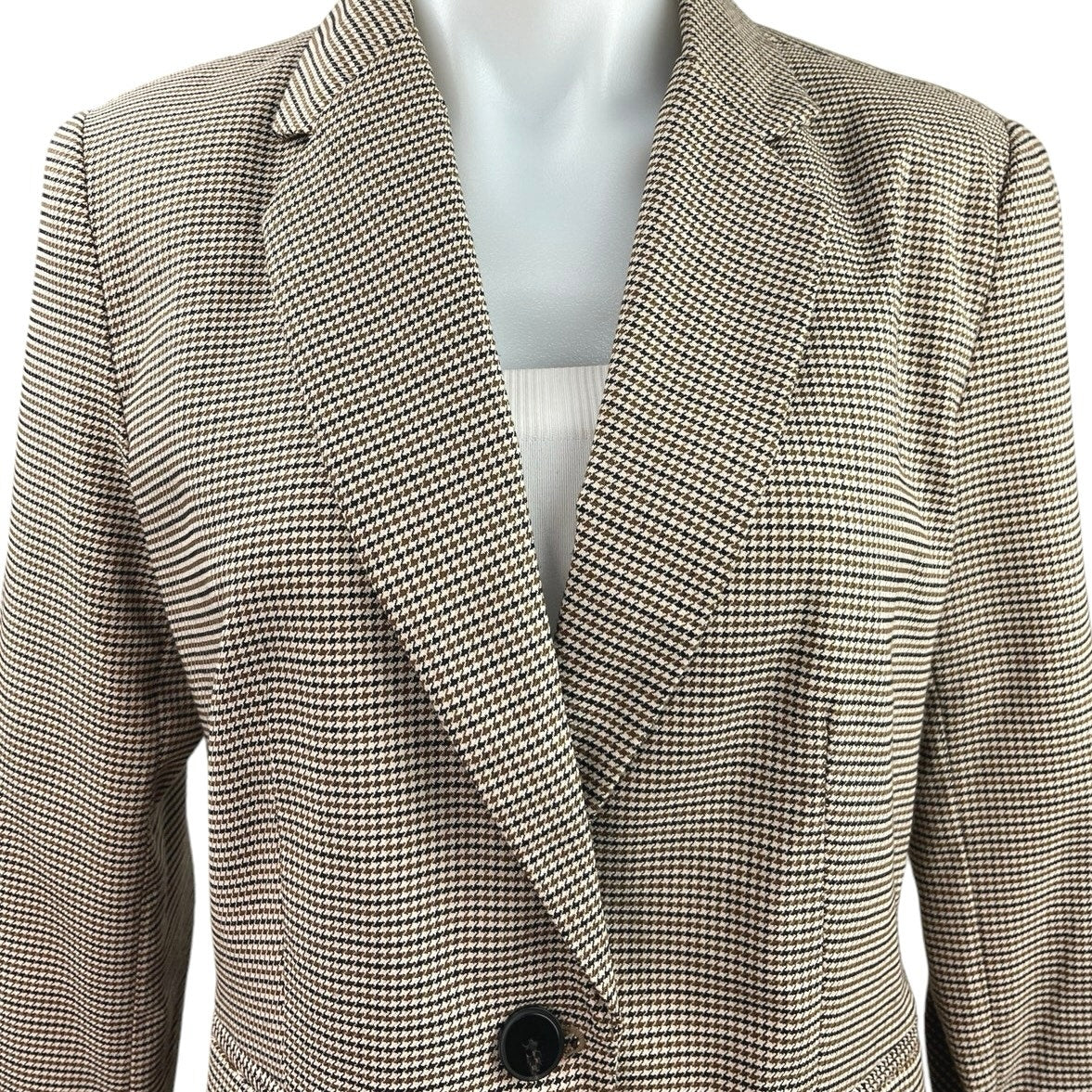 Zara Tan Brown Houndstooth One Button Notch Collar Career Blazer Coat Jacket 8 - Image 3