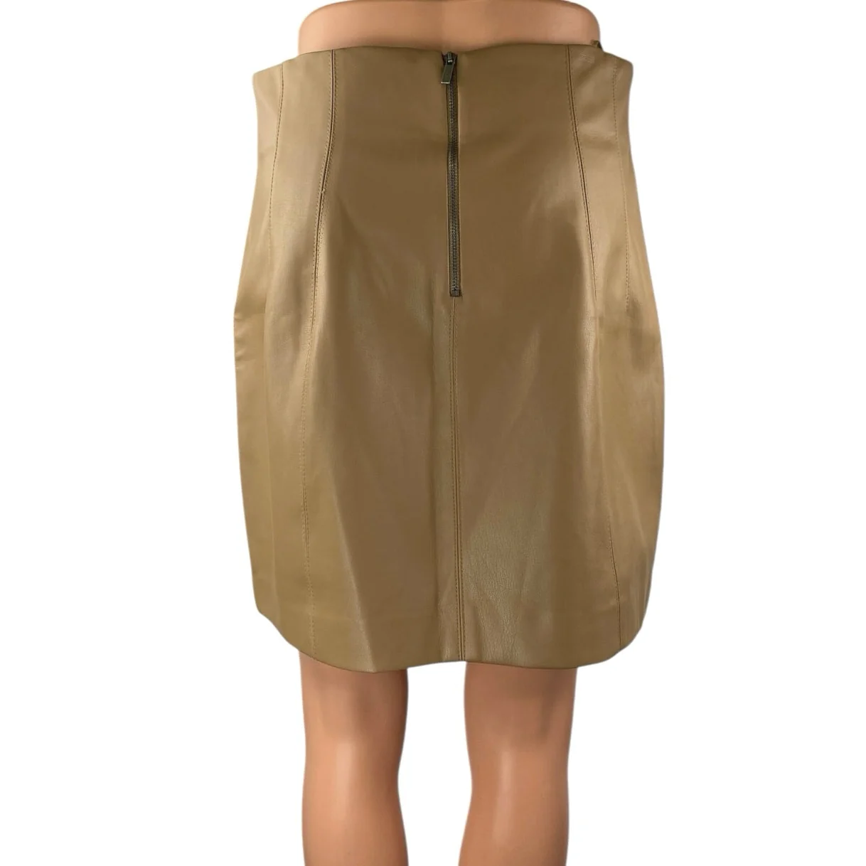 Zara Tan Faux Leather Vegan High Waisted Moto Biker Zip A Line Mini Skirt Size L - Image 3