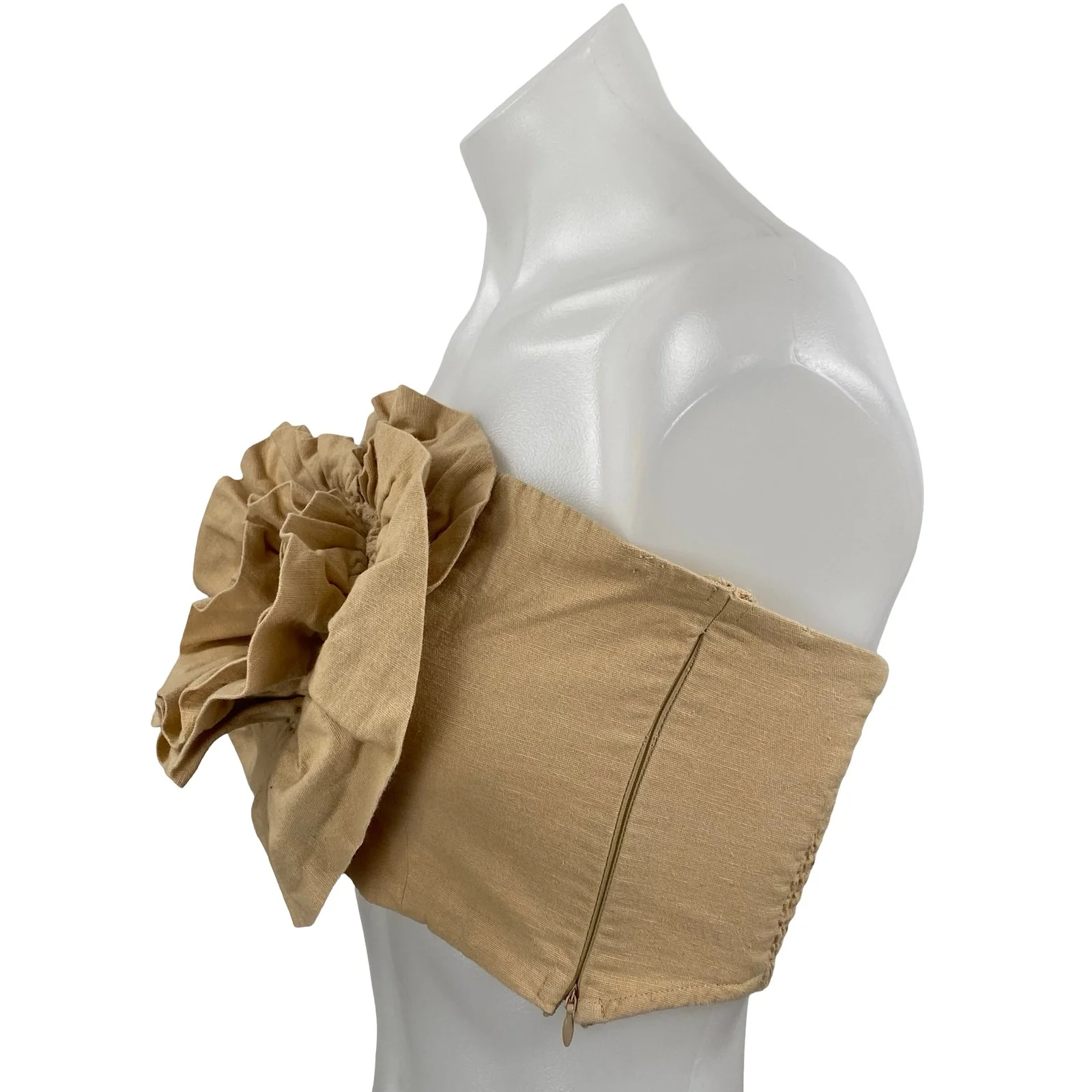 Zara Tan Linen Textured 3D Flower Floral Strapless Bandeau Tube Crop Top Size XS - Image 2