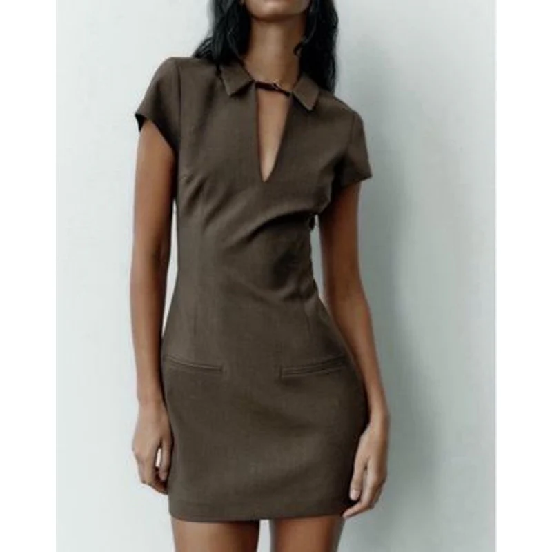 Zara Tan Short Sleeve Buckle Strap Pocket Collared Plunge V Neck Mini Dress XS - Image 3