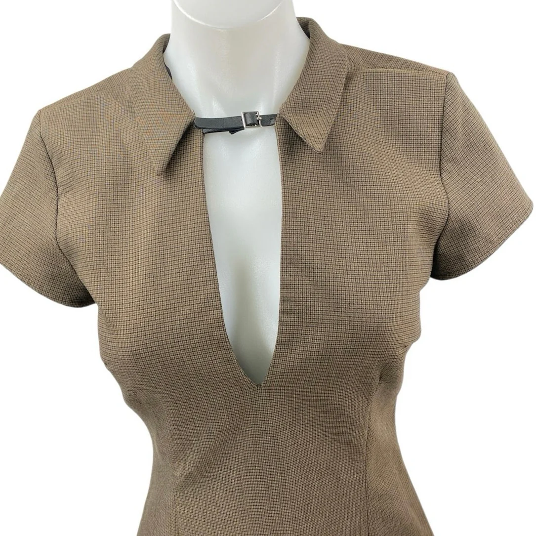 Zara Tan Short Sleeve Buckle Strap Pocket Collared Plunge V Neck Mini Dress XS - Image 4