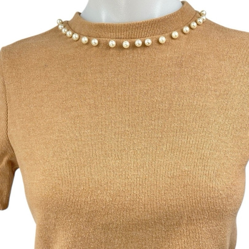 Zara Tan Short Sleeve Pearl Beaded Embellished Knit T Shirt Tee Top Size S - Image 3