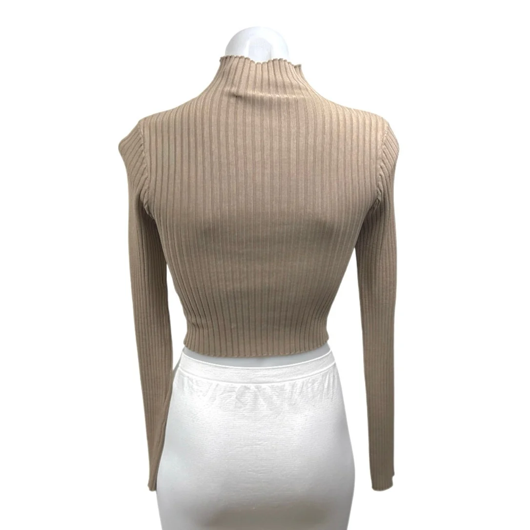 Zara Tan Turtleneck Ribbed Knit Cutout Ruched Long Sleeve Sweater Top Size S - Image 2