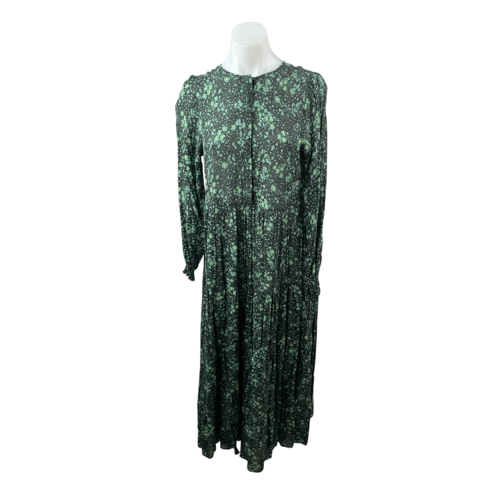 Zara The Angel Green Floral Smocked Long Sleeve Midi Maxi A-Line Shirt Dress S