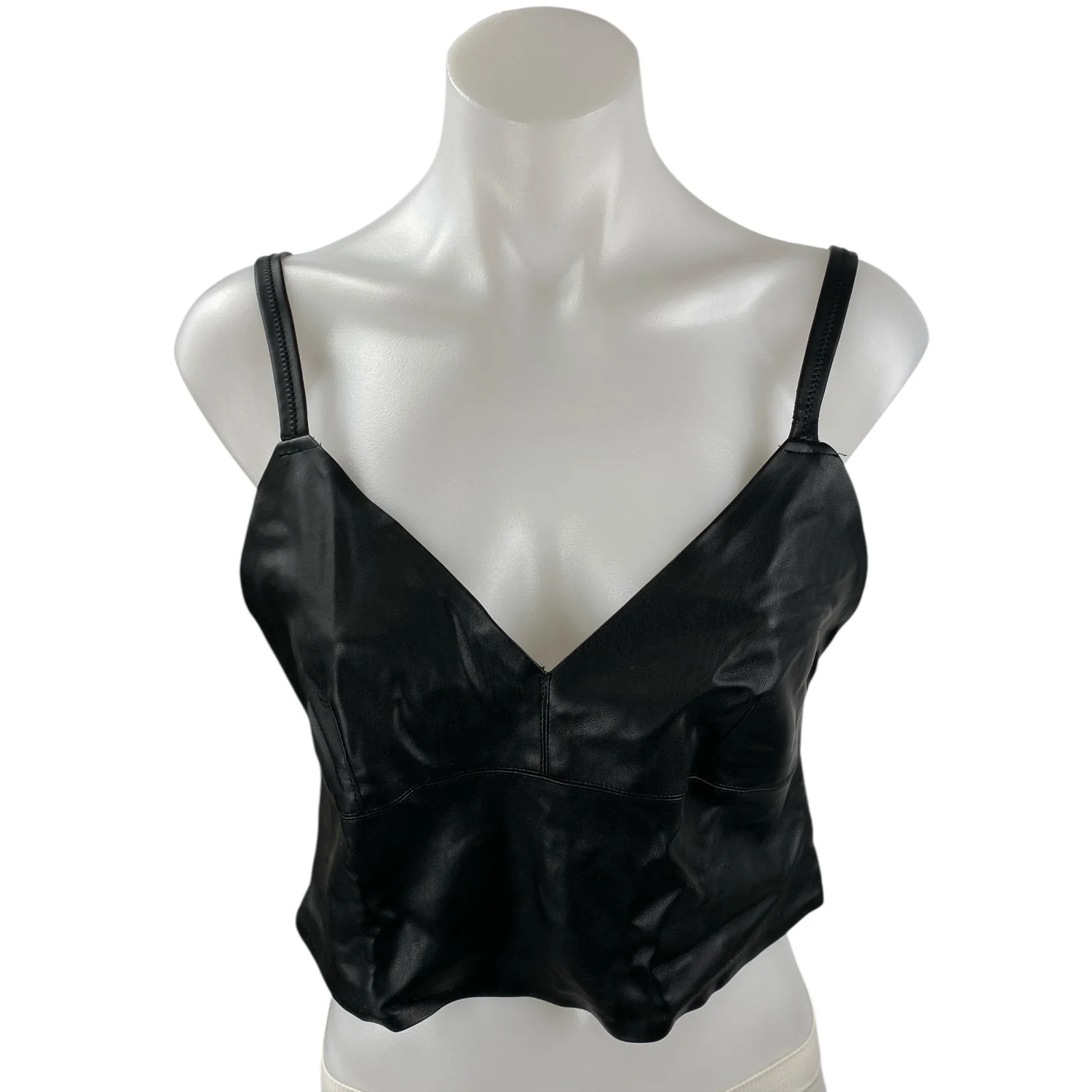 Zara Trafaluc Women's Black Faux Leather Vegan V Neck Cami Tank Crop Top Size L