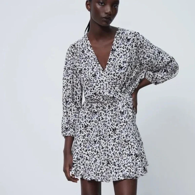 Zara White Black Leopard Long Sleeve V Neck Pleated Faux Wrap Aline Mini Dress L - Image 3