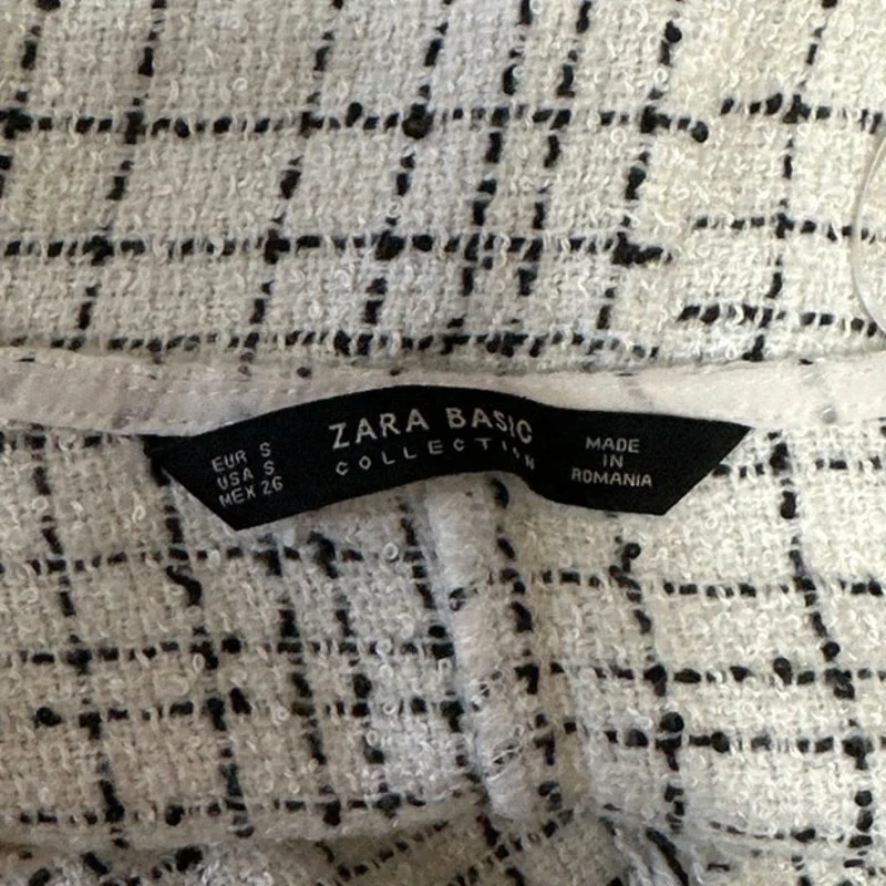 Zara White Black Plaid Short Sleeve Frayed Ruffle Tweed Mini Shift Dress Size S - Image 4