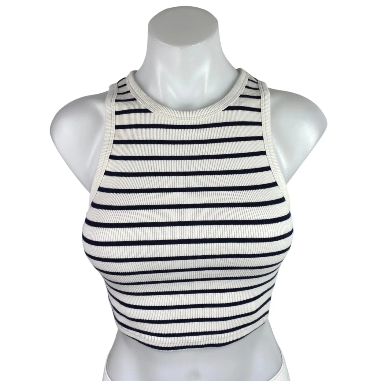 Zara White Black Striped Ribbed Knit Sleeveless High Neck Tank Crop Top Size S