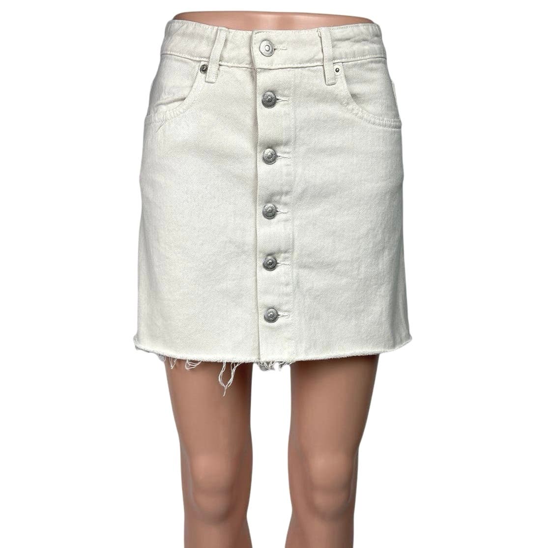 Zara White Button Up Frayed Hem Pencil Straight Jean Denim Mini Skirt Size XS