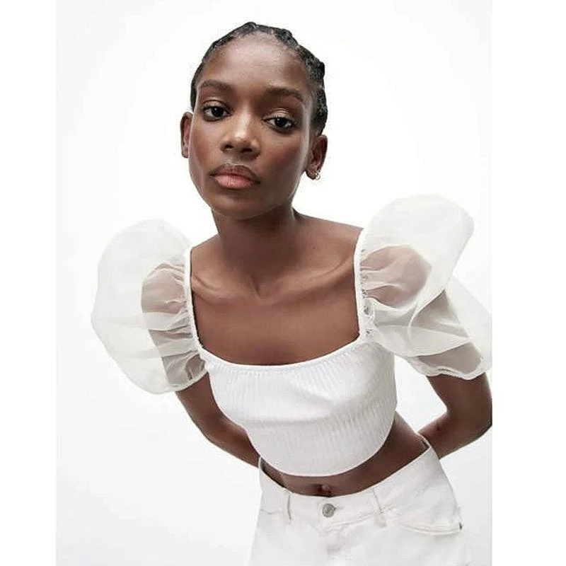 Zara White Combined Organza Knit Puff Sleeve Square Neck Cropped Blouse Top Sz S - Image 2