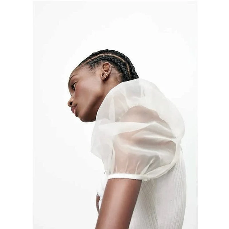 Zara White Combined Organza Knit Puff Sleeve Square Neck Cropped Blouse Top Sz S - Image 3