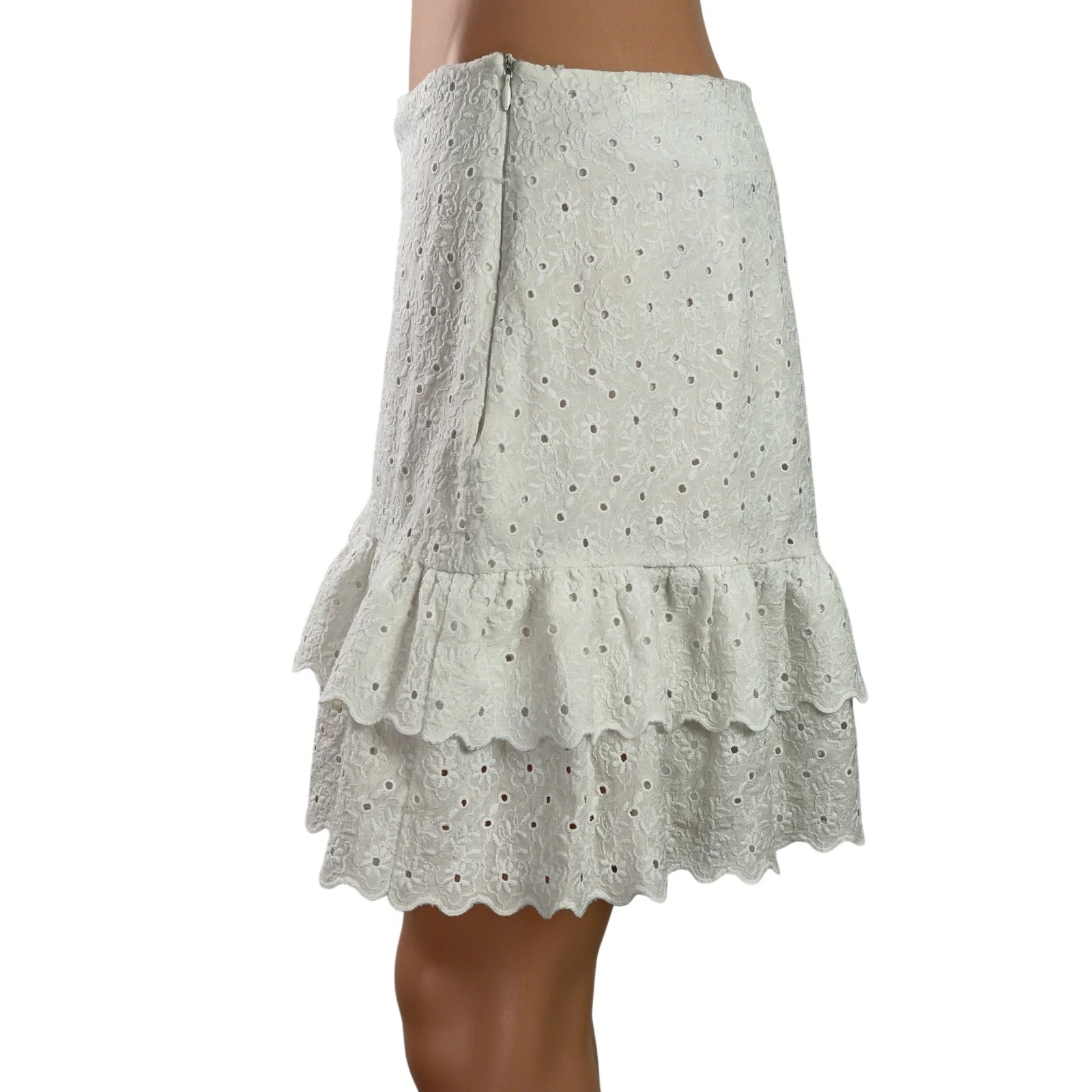 Zara White Embroidered Eyelet Floral Ruffle High Rise Tiered Mini Skort Skirt L - Image 2