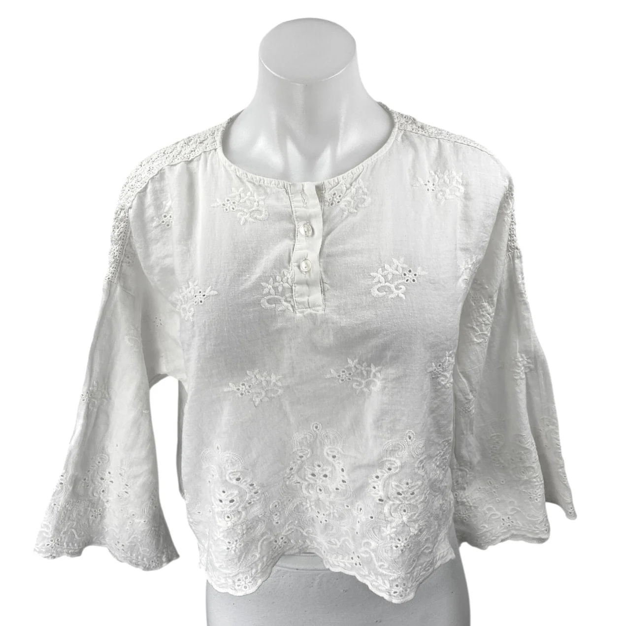 Zara White Floral Embroidered Eyelet Long Bell Sleeve Henley Shirt Blouse Top M