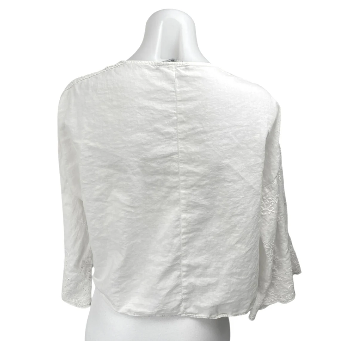Zara White Floral Embroidered Eyelet Long Bell Sleeve Henley Shirt Blouse Top M - Image 2