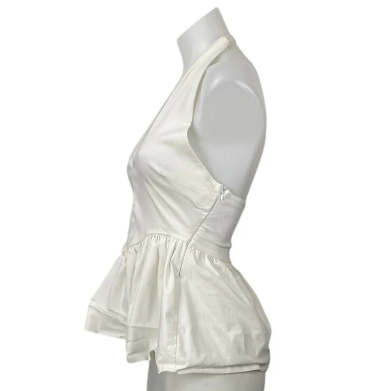 Zara White Halter V Neck Backless Sleeveless Open Back Peplum Blouse Top Size M - Image 3