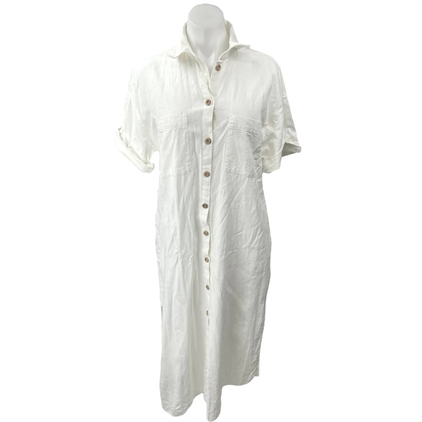 Zara White Linen Short Sleeve Collared Button Down Maxi Shirt Dress Size XS