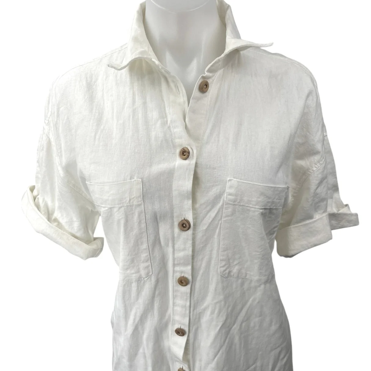 Zara White Linen Short Sleeve Collared Button Down Maxi Shirt Dress Size XS - Image 3