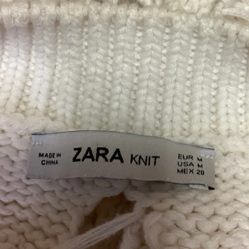 Zara White Open Knit Crochet Boat Neck Long Sleeve Pullover Crop Sweater Size M - Image 3