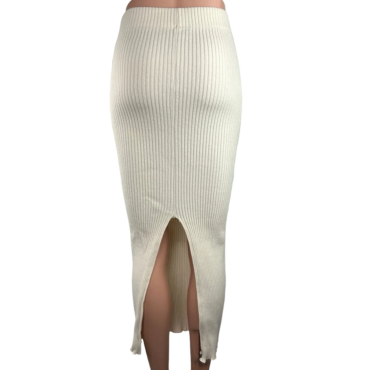 Zara White Ribbed Knit High Waisted Fitted Stretch Back Slit Midi Skirt Size S - Image 3