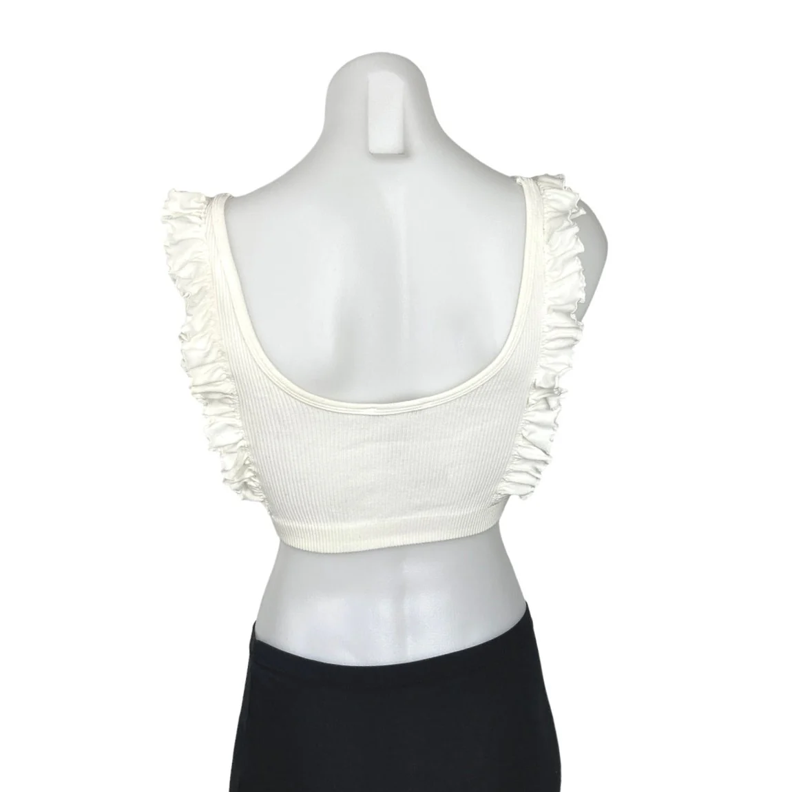 ZARA White Ruffle Frill Scoop Neck Ribbed Knit Stretch Cropped Tank Top Sz XS/S - Image 2