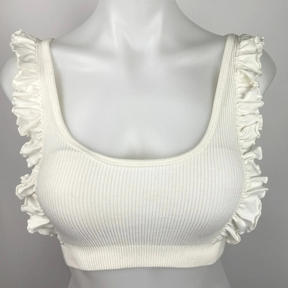 ZARA White Ruffle Frill Scoop Neck Ribbed Knit Stretch Cropped Tank Top Sz XS/S - Image 3