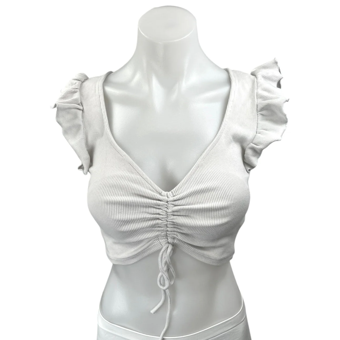 Zara White Ruffle Sleeve Ribbed Knit Ruched Stretch Deep V Crop Blouse Top Sz S