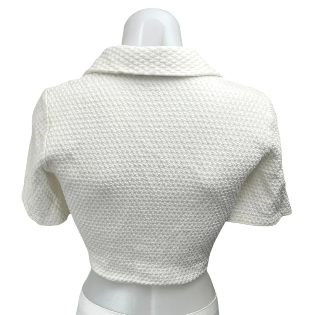 Zara White Textured Knit Short Sleeve Button Collar Crop Polo Blouse Top Size S - Image 2