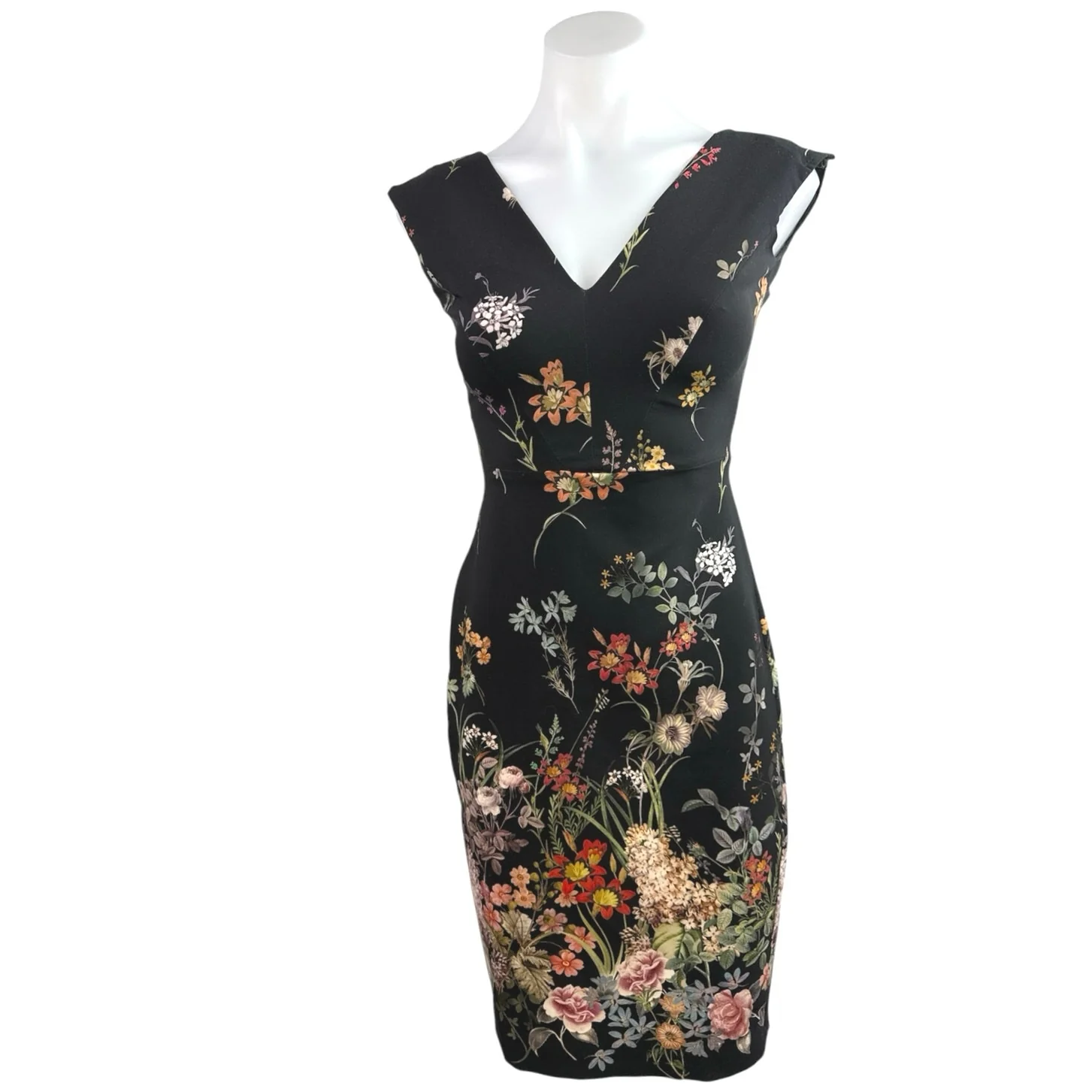 Zara Woman Black V Neck Cap Sleeve Floral Knee Length Sheath Dress Size XS