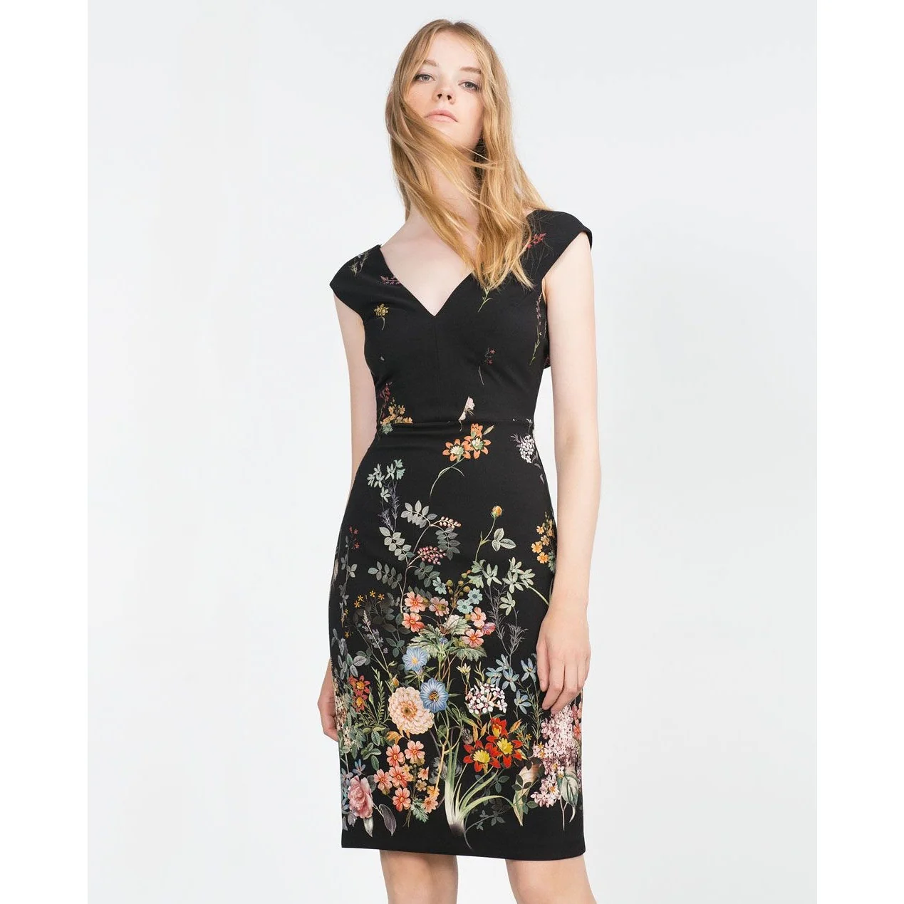 Zara Woman Black V Neck Cap Sleeve Floral Knee Length Sheath Dress Size XS - Image 2