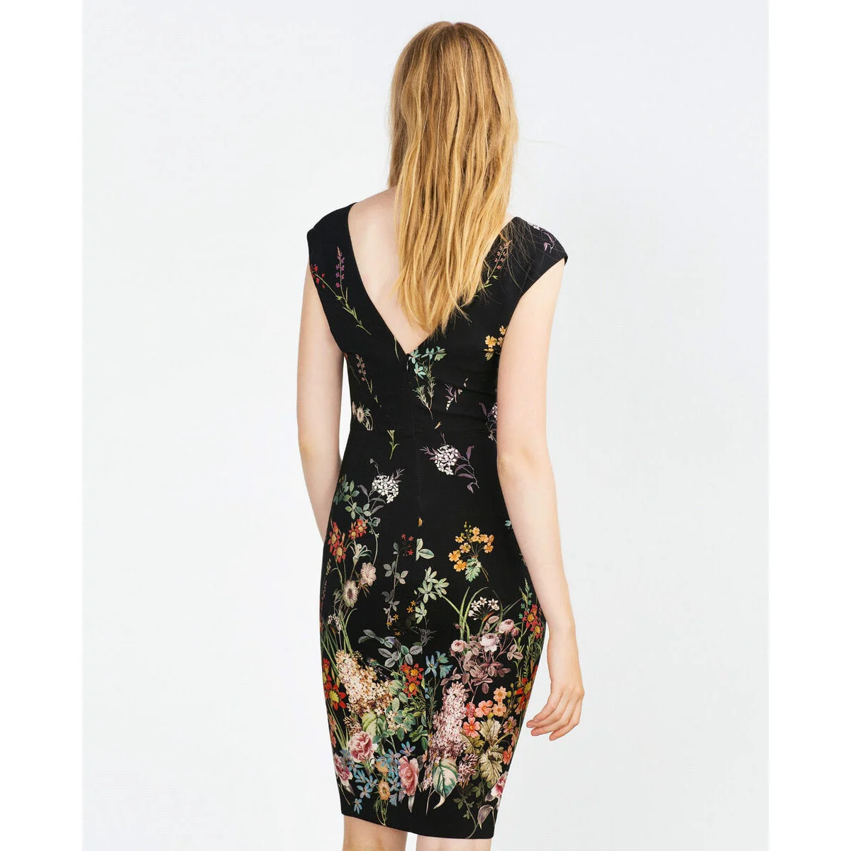 Zara Woman Black V Neck Cap Sleeve Floral Knee Length Sheath Dress Size XS - Image 3