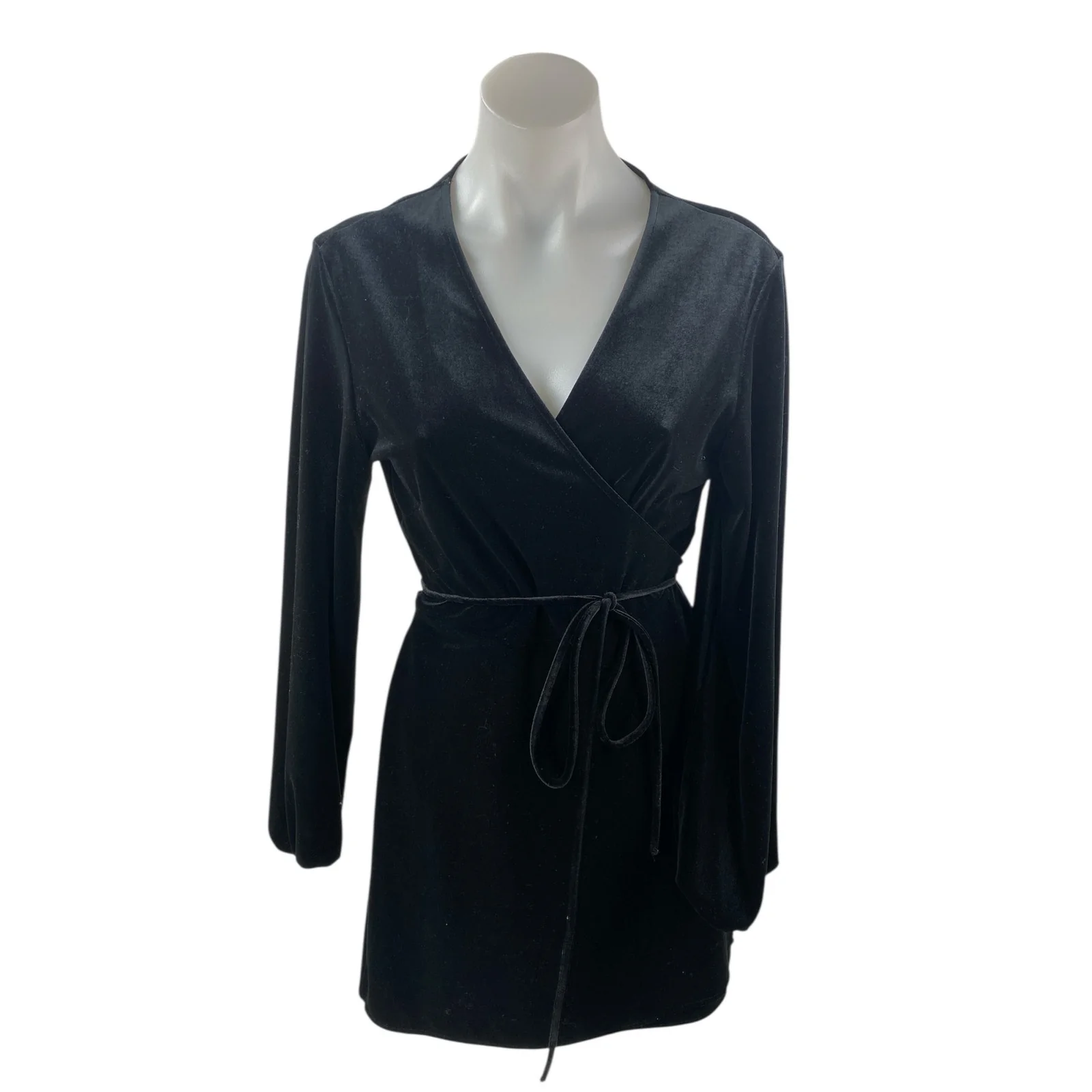 Zara Woman Black Velvet Velour Long Sleeve Tie Belt V-neck Mini Wrap Dress Sz L