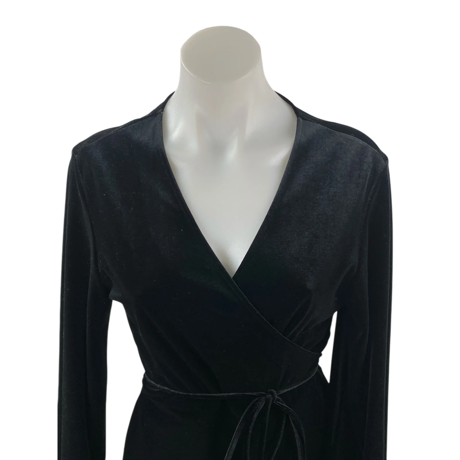 Zara Woman Black Velvet Velour Long Sleeve Tie Belt V-neck Mini Wrap Dress Sz L - Image 2